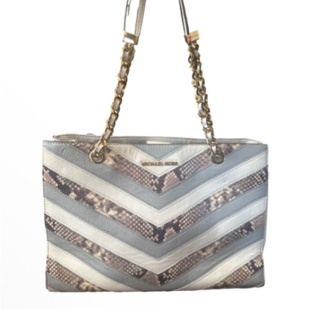 Michael Kors Gray & Cream Chevron snake print Shoulder Bag gold chain strap - Picture 2 of 16